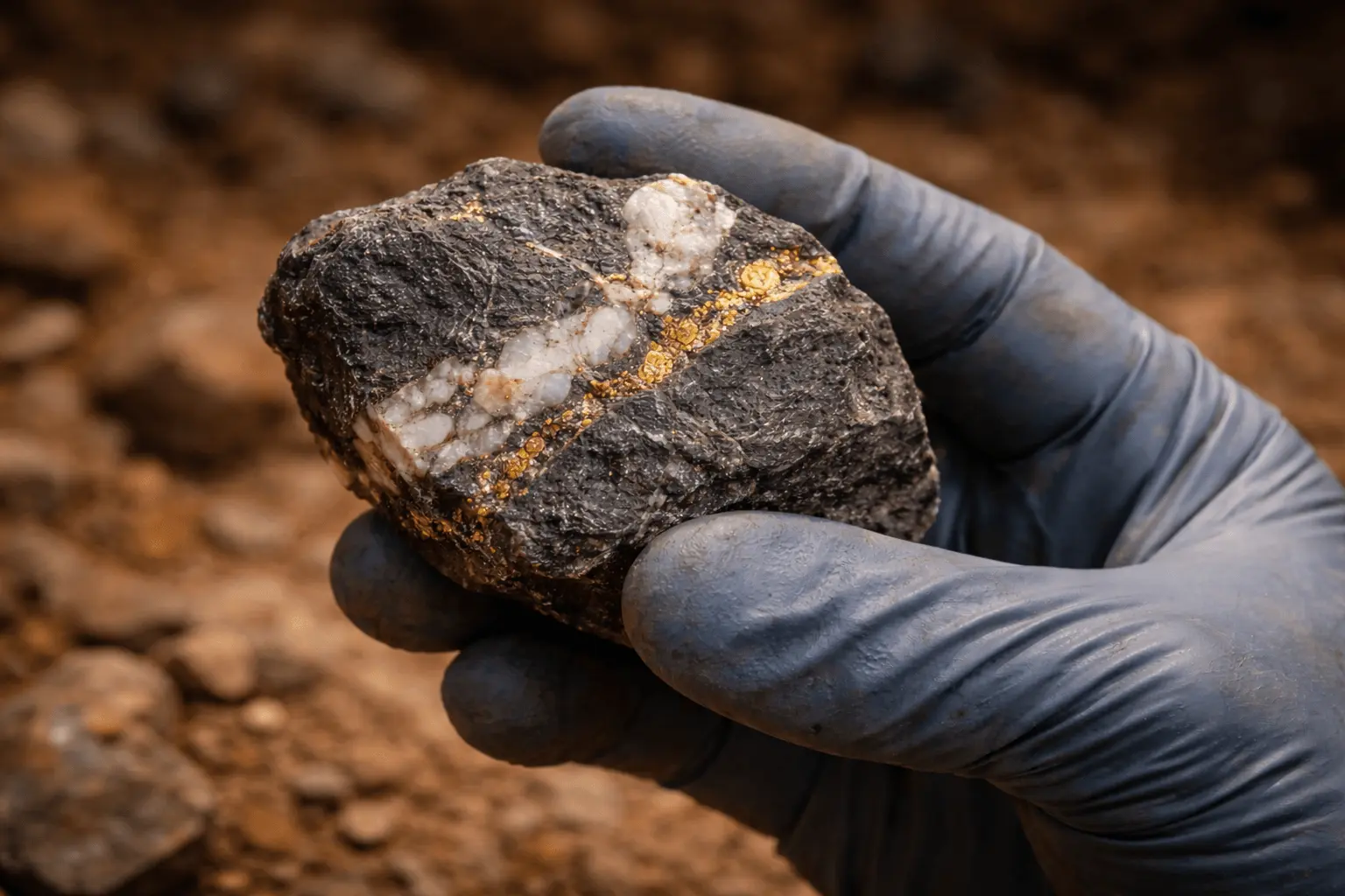Raw gold ore sample from the Kakamega County mining operation showing visible gold seam